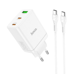 HOCO - CARICABATTERIE DA RETE PD QC3.0 3A 35W - 2*USB TYPE-C E 1 USB-A CON CAVO DI RICARICA TYPE-C A TYPE-C - BIANCO