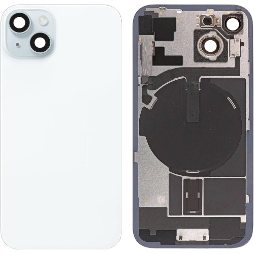 BACK COVER + PIASTRA METALLICA + VETRO CAMERA + ANTENNA NFC + FLAT FLASH PER APPLE IPHONE 15 PLUS SCOCCA VETRO COPRIBATTERIA POSTERIORE BLUE BLU WHITE