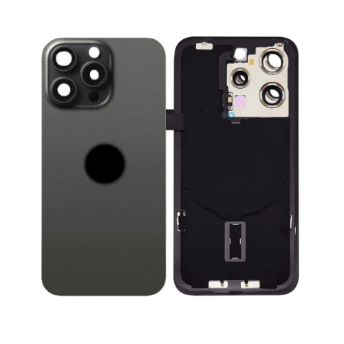 BACK COVER + PIASTRA METALLICA + VETRO CAMERA PER APPLE IPHONE 15 PRO MAX SCOCCA VETRO COPRIBATTERIA POSTERIORE TITANIUM BLACK NERO